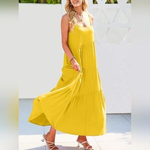 Yellow Sleeveless Spaghetti Strap Tiered Elegant Maxi Dress